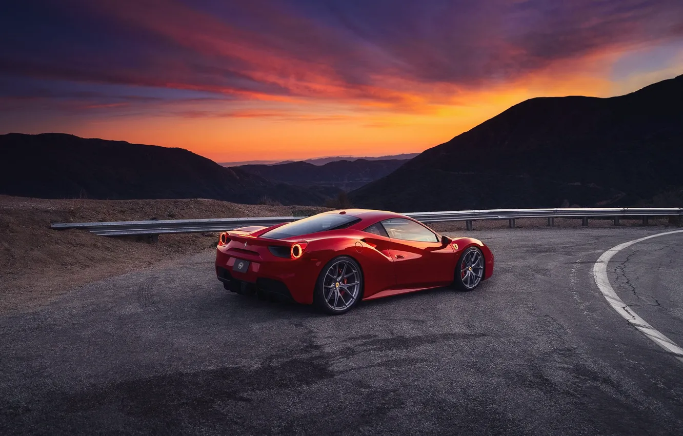 Photo wallpaper the sky, sunset, mountains, the evening, Ferrari, red, GTB, 488
