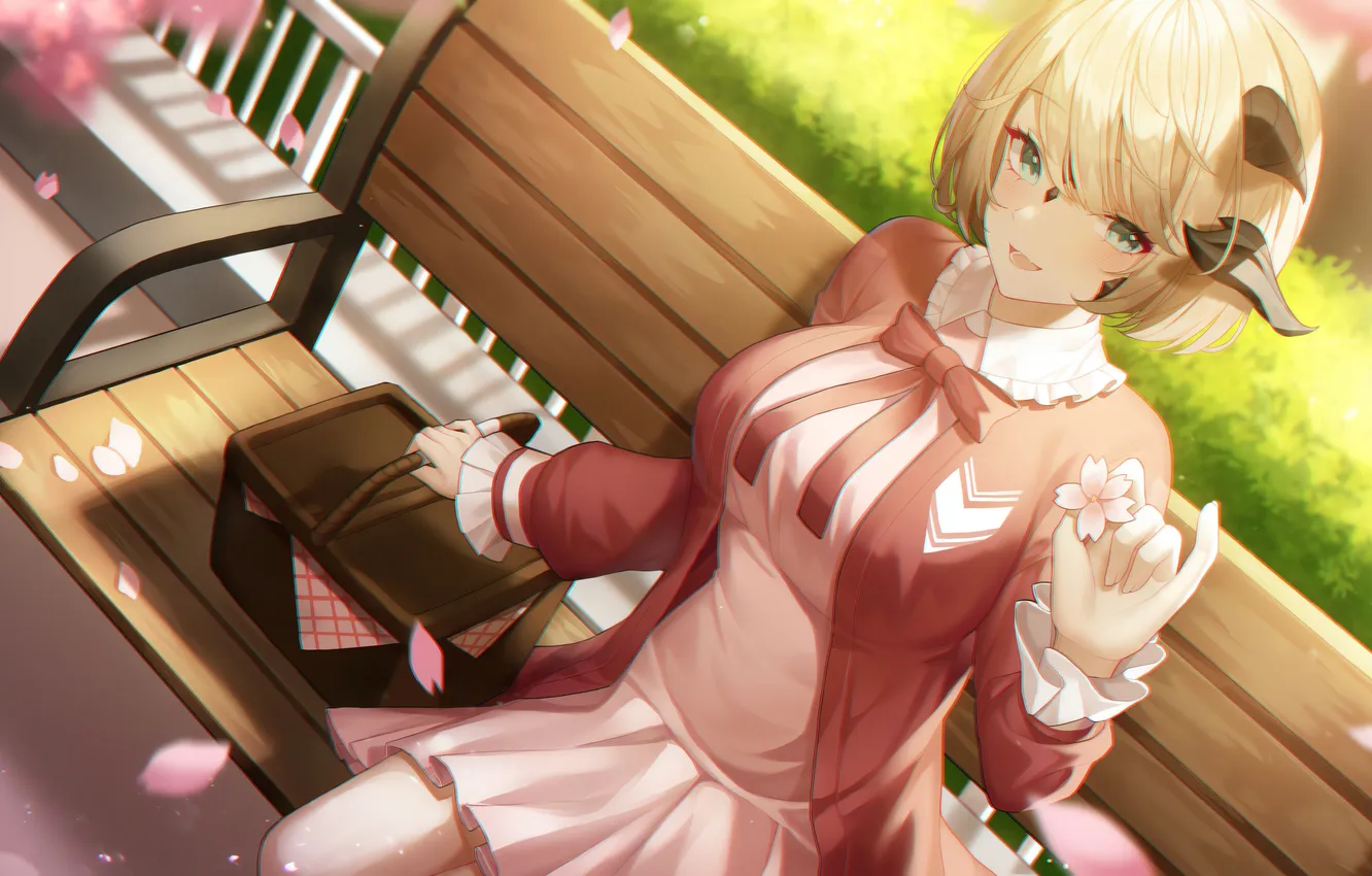 Photo wallpaper widescreen, girl, grass, Final Fantasy, horns, green eyes, dress, boobs