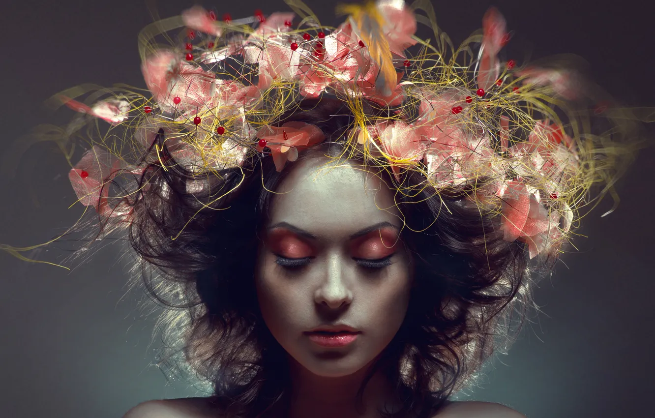 Photo wallpaper girl, makeup, hairstyle, tape, brown hair, wreath, beads