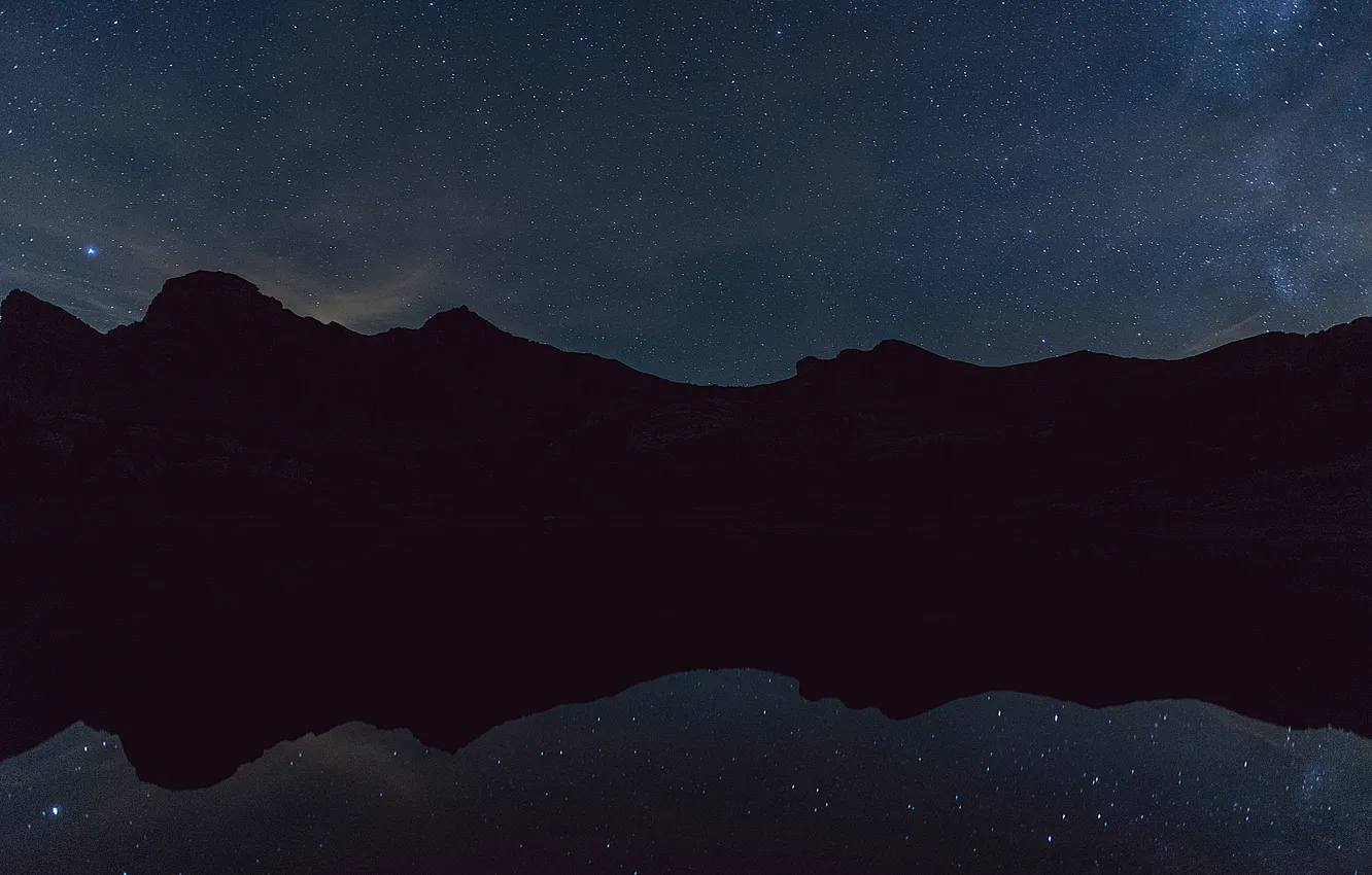 Photo wallpaper space, stars, lake, reflection, mirror, silhouette, hill, The Milky Way