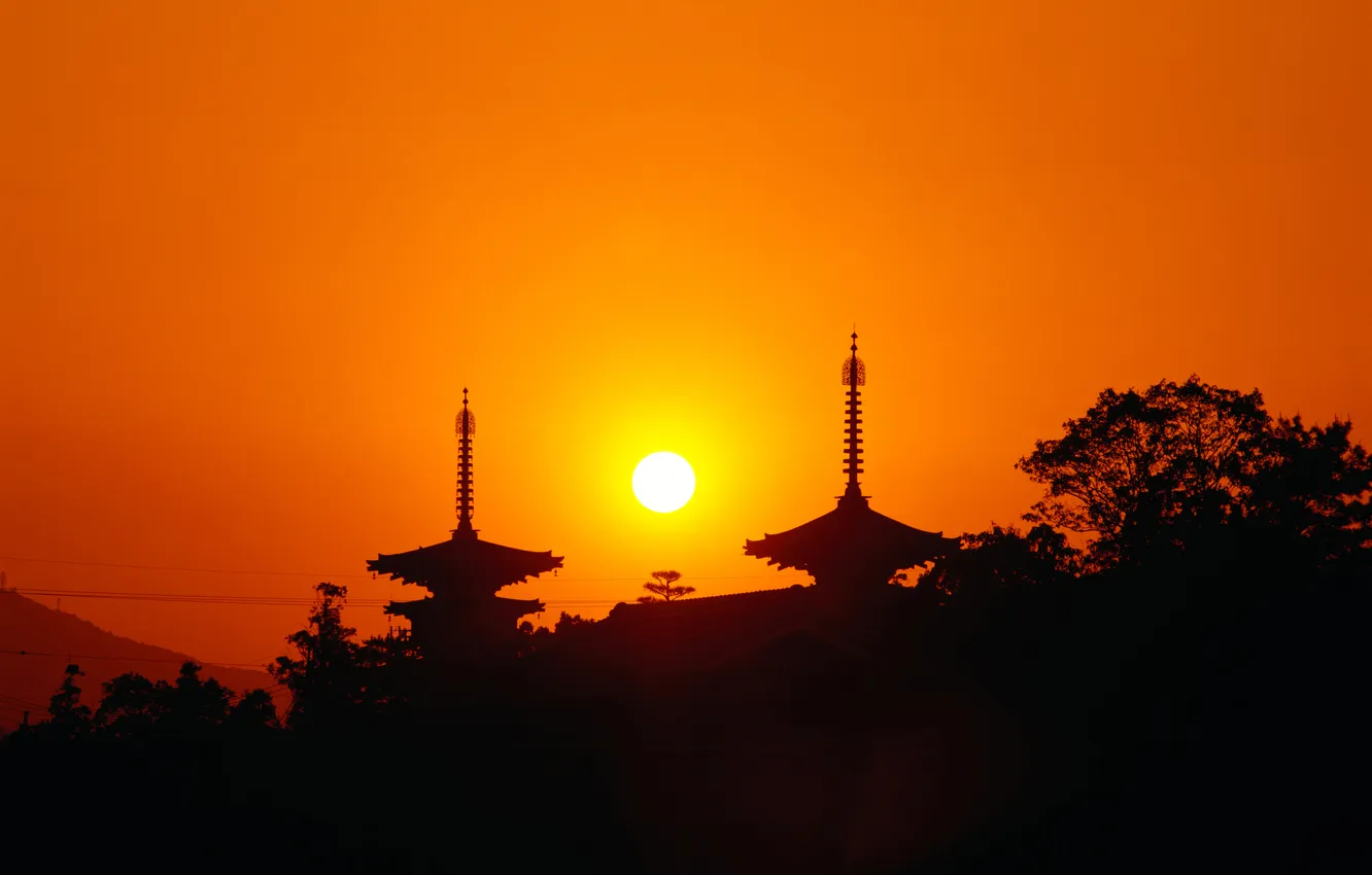 Photo wallpaper the sky, the sun, trees, sunset, Asia, slope, silhouette, pagoda