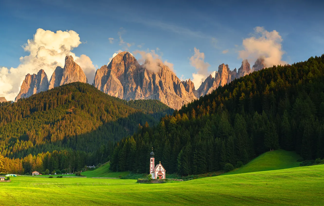 Photo wallpaper field, forest, mountains, tops, Alps, Church