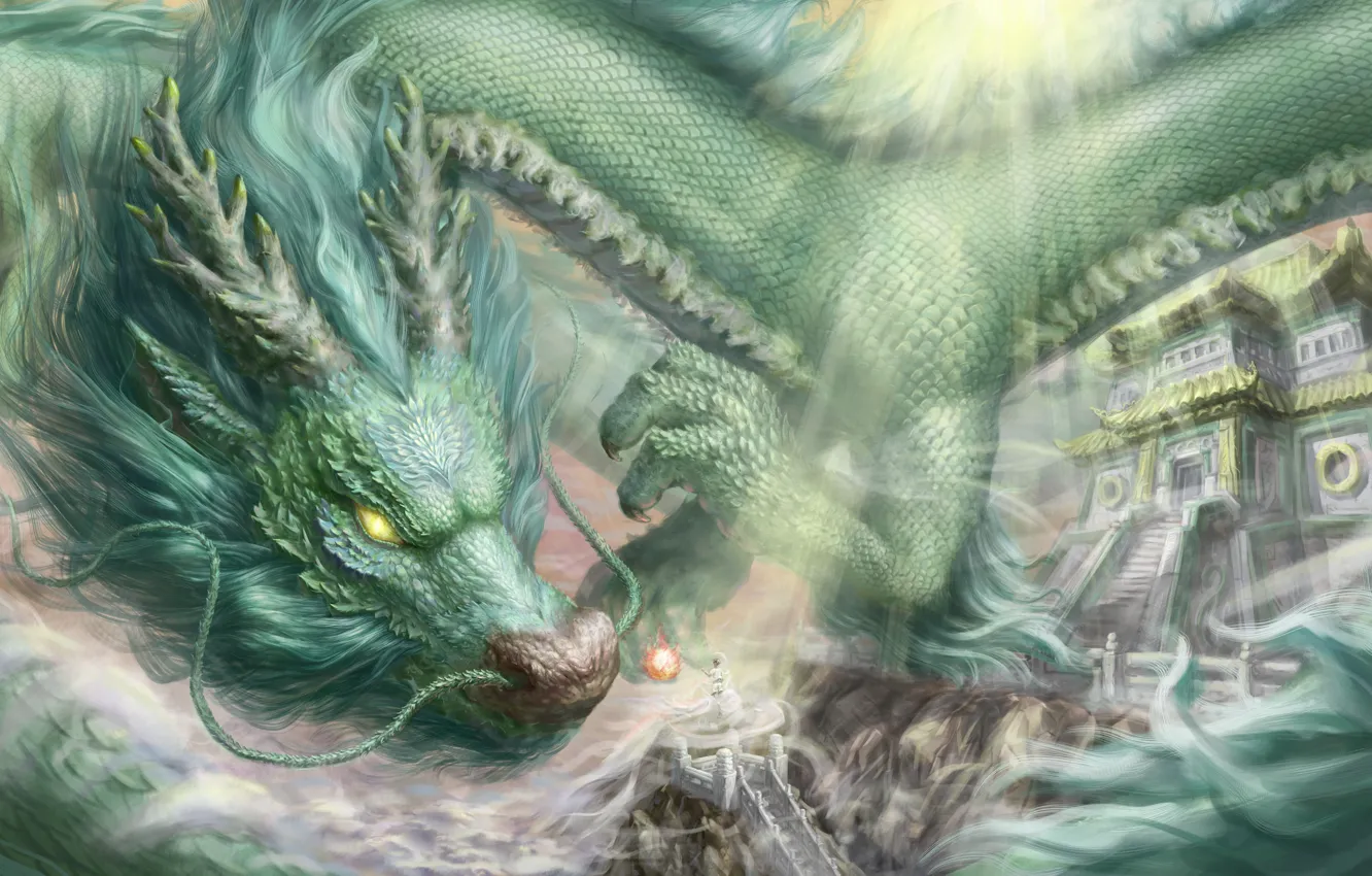 Photo wallpaper Dragon, People, Magic, Fantasy, Horns, Art, Fantasy, Green Dragon