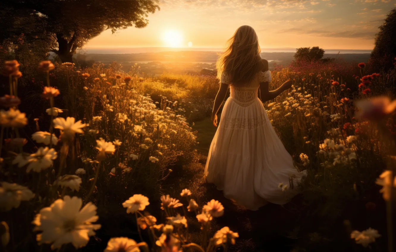 Photo wallpaper girl, flowers, dawn, dress, meadow, walk, Princess, is back