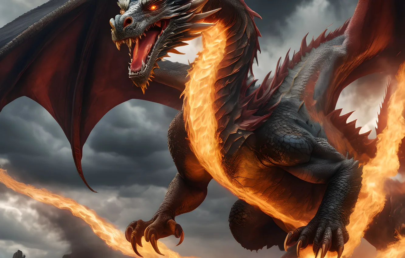 Photo wallpaper the sky, clouds, lights, pose, flame, dragon, fantasy, heat
