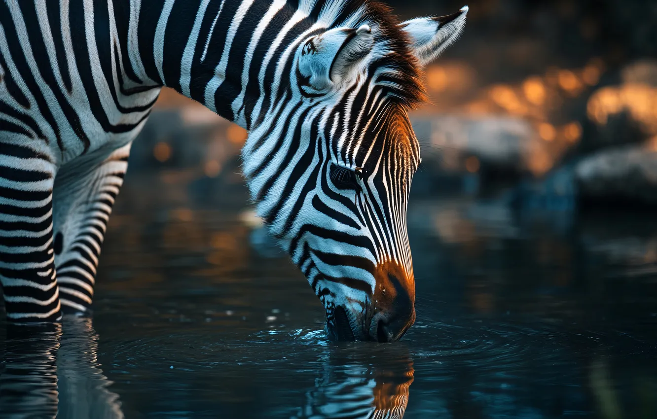 Photo wallpaper look, face, Zebra, drink, pond, sebranek, AI art, neural network