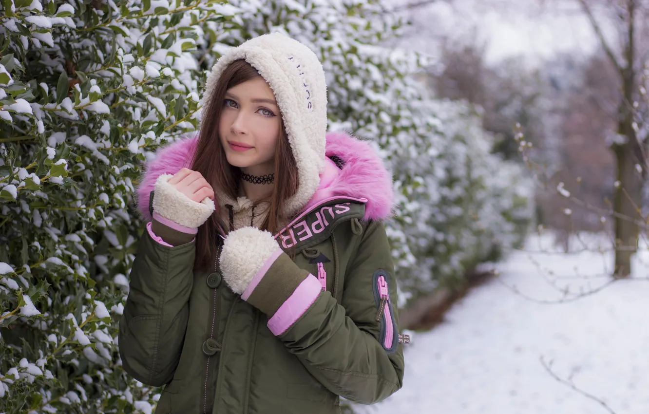 Photo wallpaper winter, look, girl, snow, sweetheart, jacket, hood, beautiful