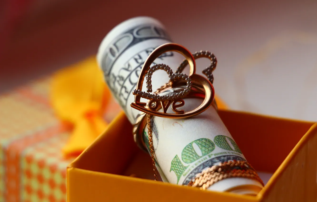 Photo wallpaper macro, heart, money, ring, dollars