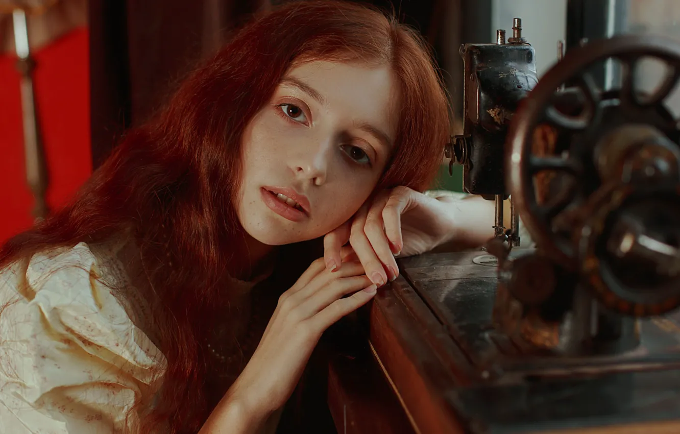 Photo wallpaper look, girl, face, mood, hands, red, redhead, sewing machine