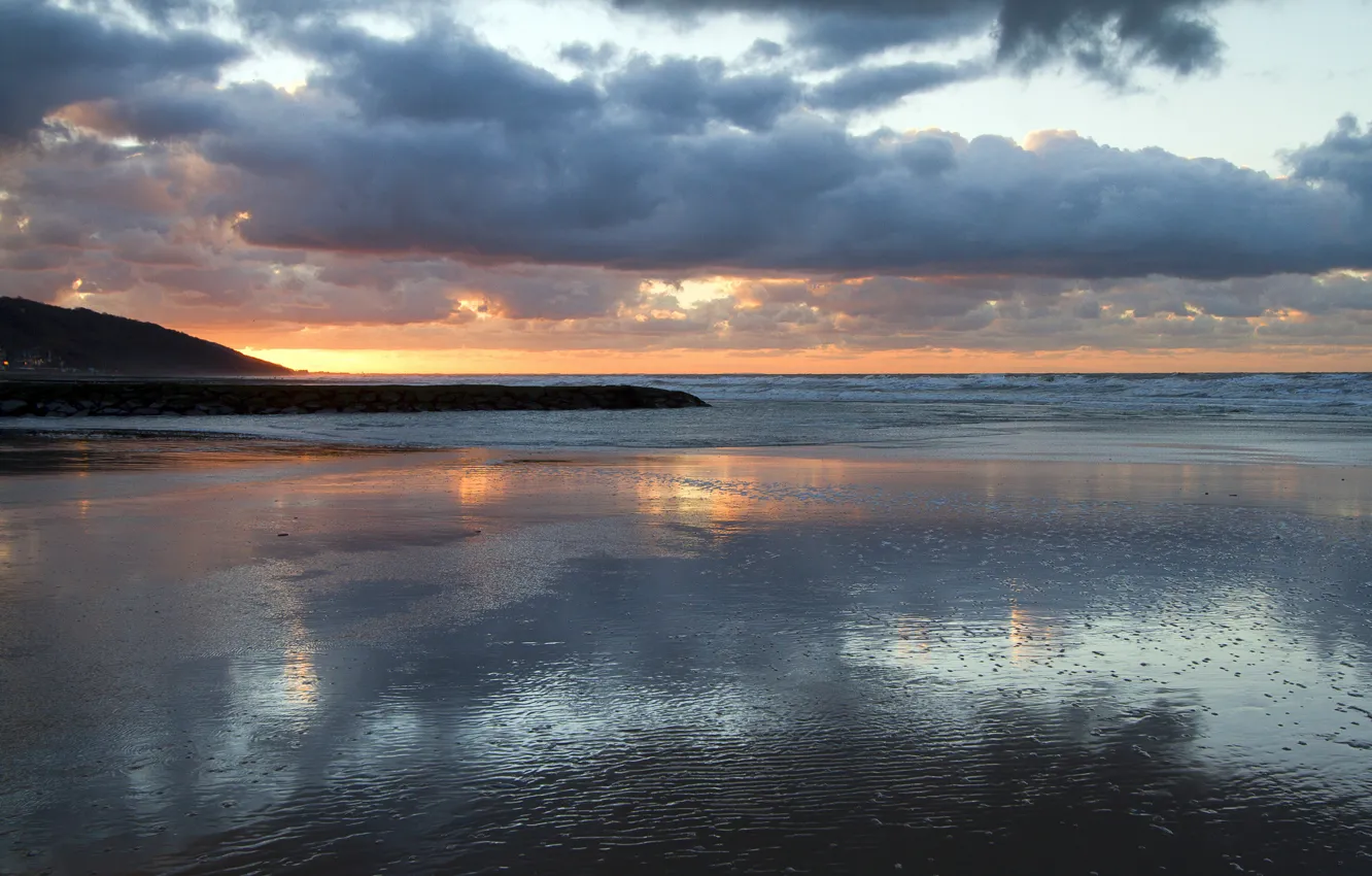 Photo wallpaper sea, wave, clouds, sunset, horizon