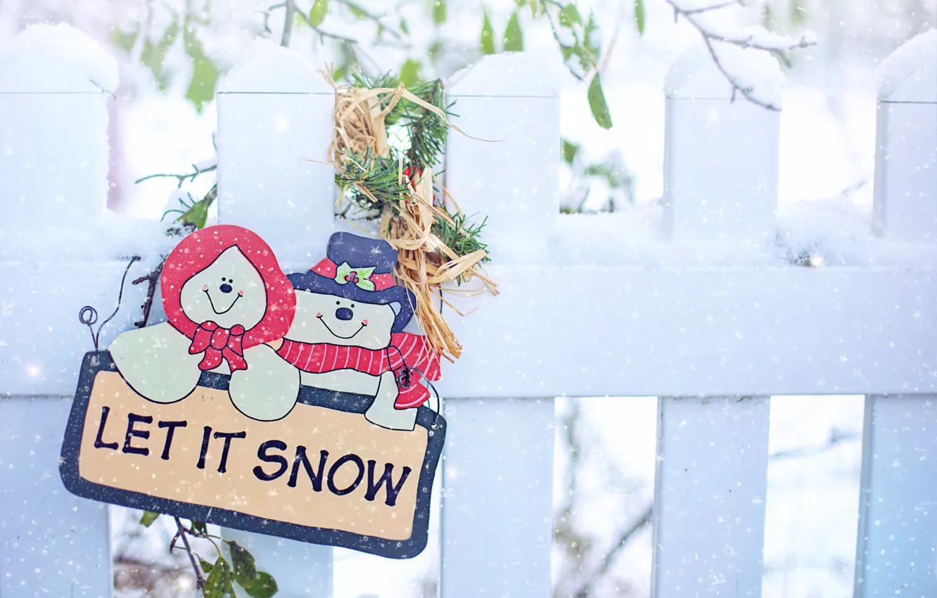 Photo wallpaper winter, snow, holiday, the inscription, plate, the fence, Christmas, New year