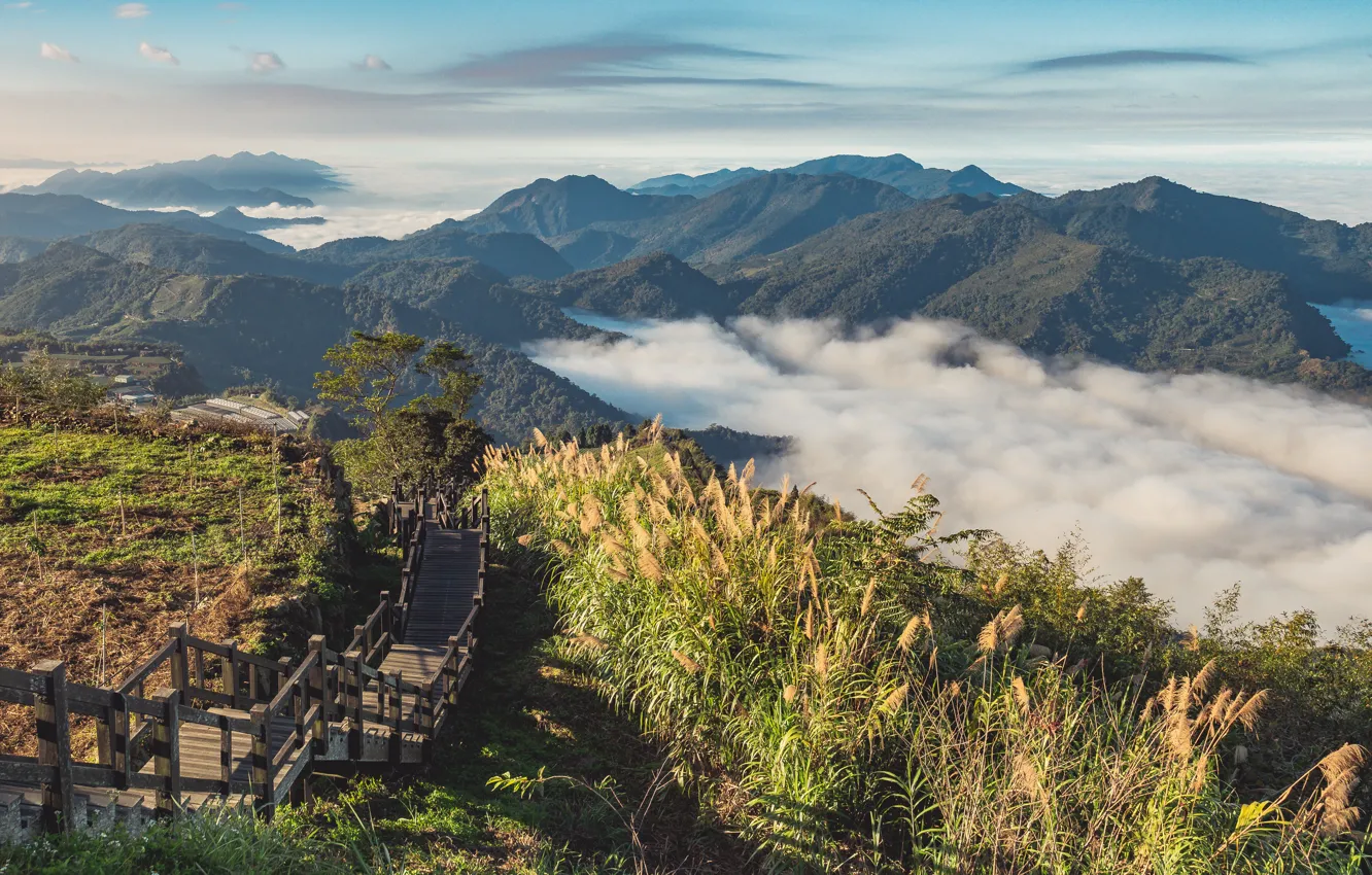 Photo wallpaper clouds, landscape, mountains, nature, ladder