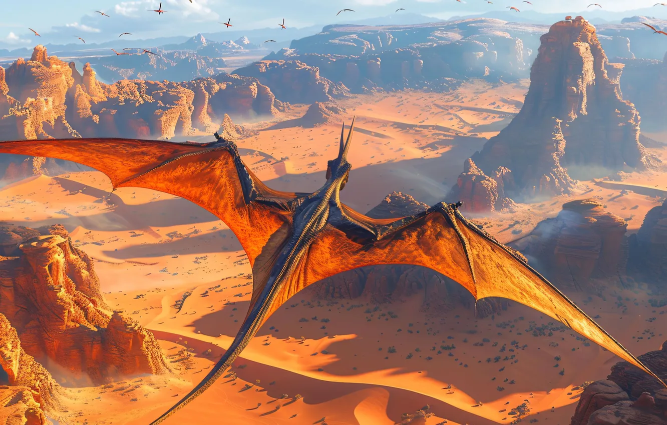Photo wallpaper flight, mountains, animal, wings, dinosaur, pterodactyl, digital art, Ancient animals