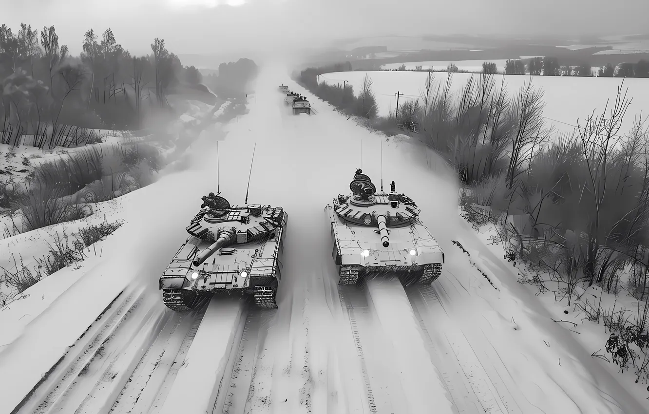 Photo wallpaper winter, road, snow, trees, retro, tank, black and white, digital art