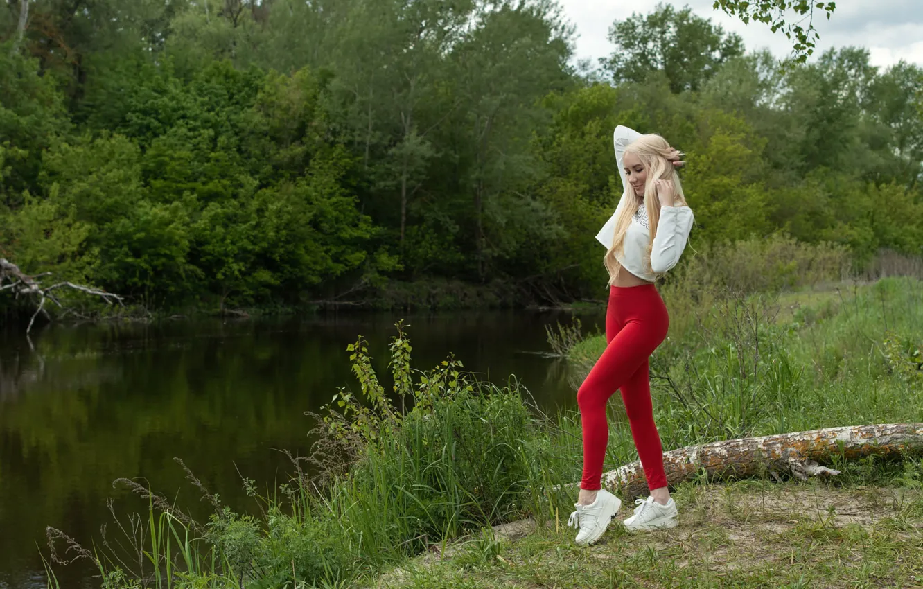 Photo wallpaper greens, forest, white, grass, trees, red, sexy, model