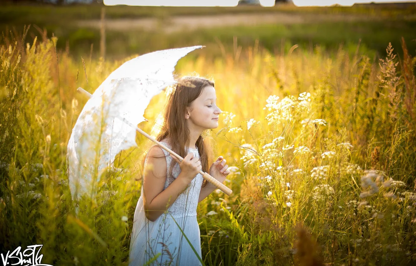 Photo wallpaper field, the sun, umbrella, girl, Vladimir Smith, Vladimir Smith