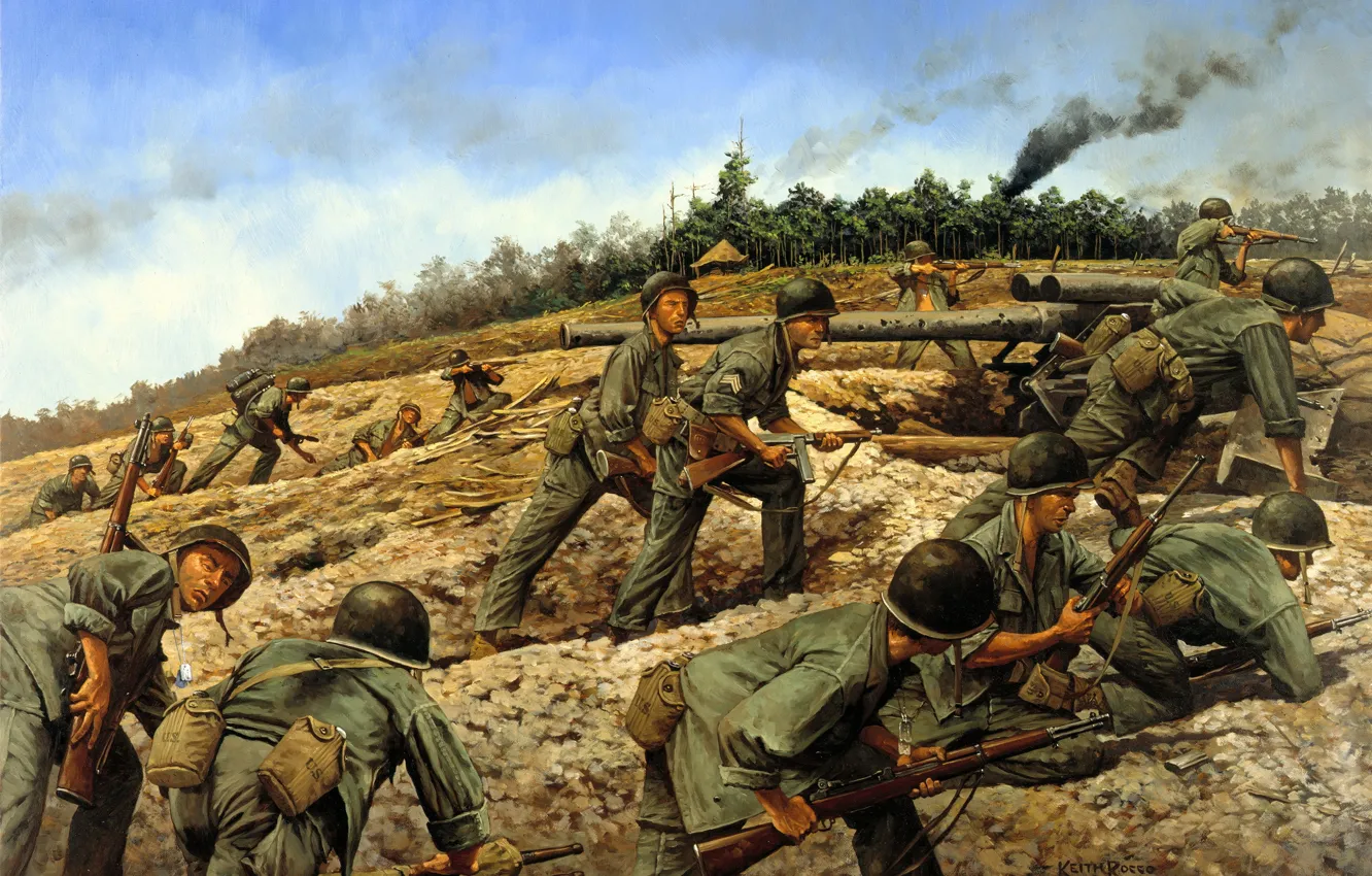 Photo wallpaper forest, war, smoke, soldiers, Americans, war, vintovki