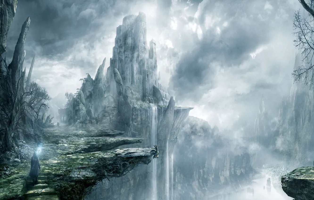 Photo wallpaper clouds, fog, castle, open, rocks, waterfall, MAG, staff