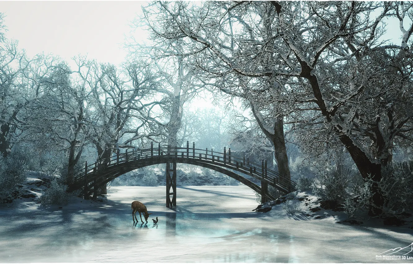 Photo wallpaper winter, trees, bridge, protein, fawn, 3d graphics, 3DLandscapeArtist, frozen river