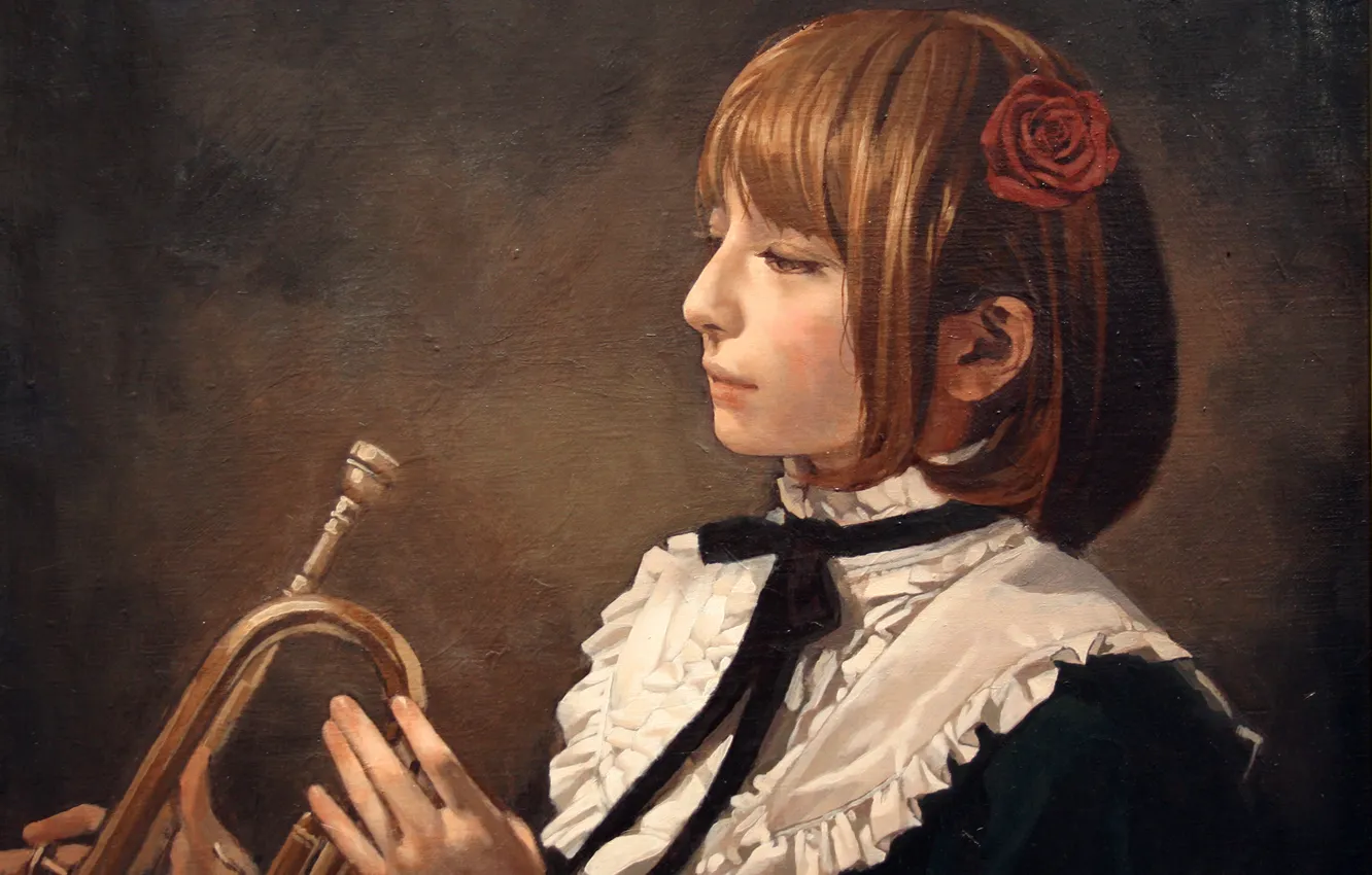 Photo wallpaper girl, oil, roses, pipe, painting, canvas, art, pony