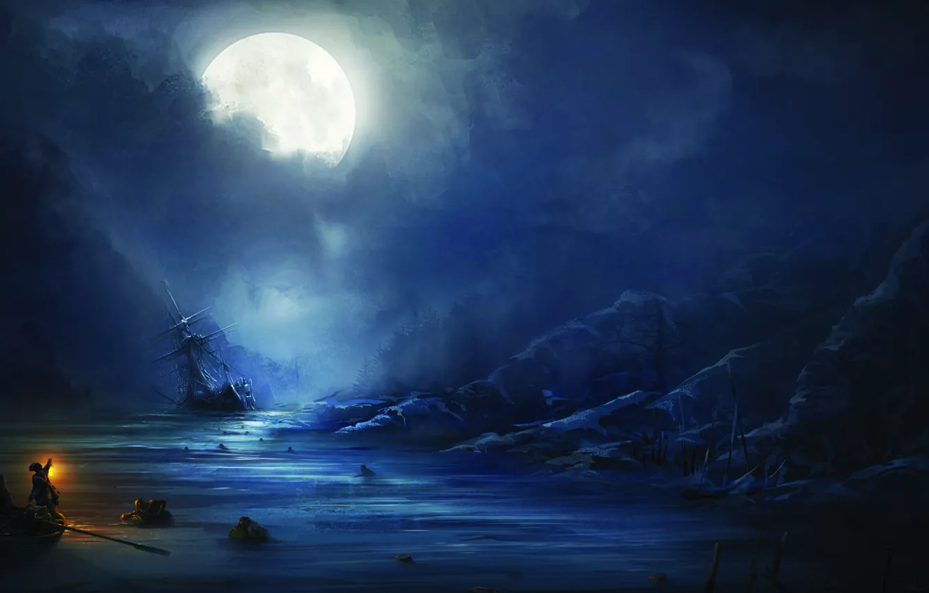Photo wallpaper sea, night, the moon, people, ship, Assassin's Creed III, Assassin's creed 3