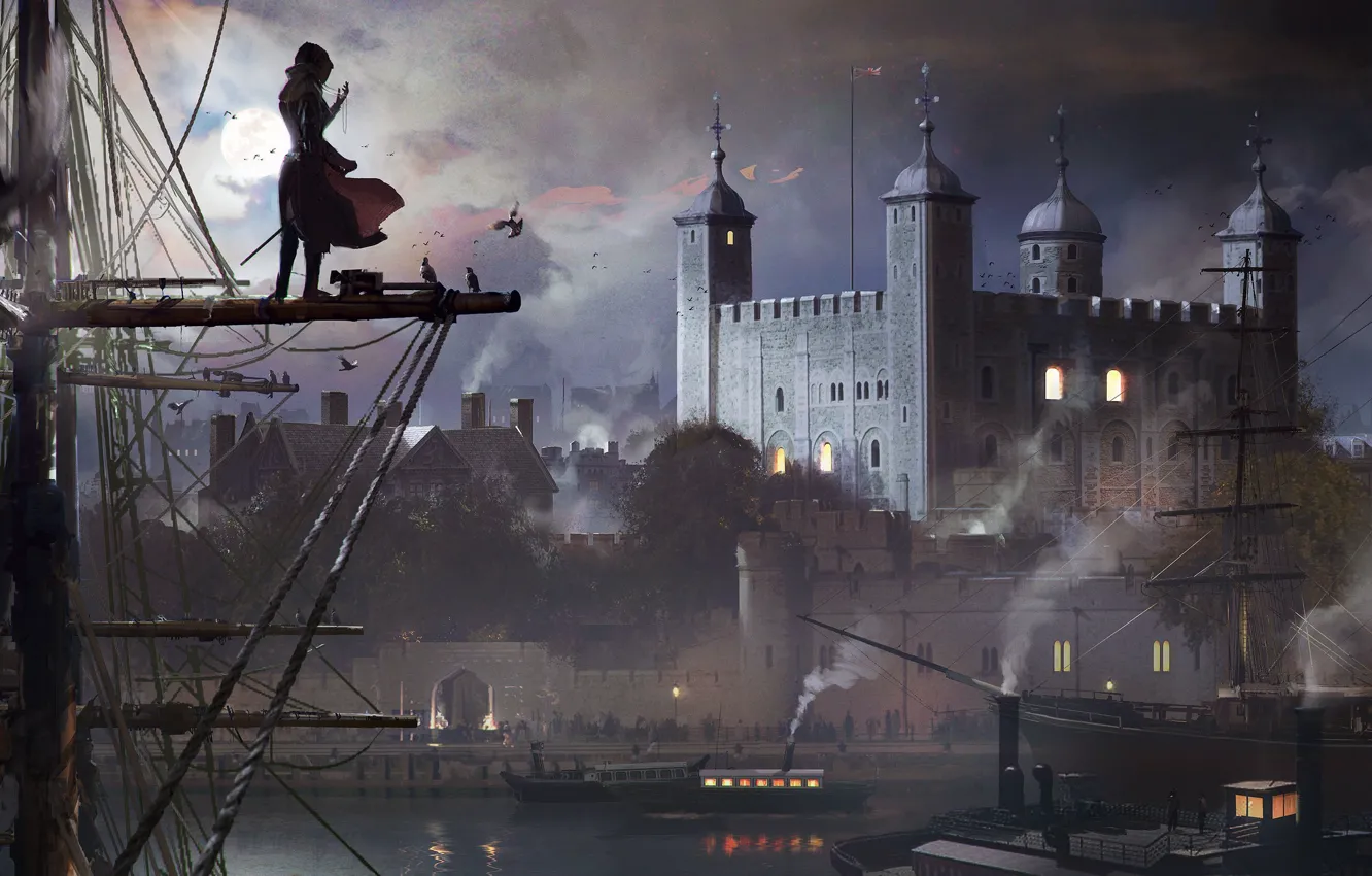 Photo wallpaper the sky, water, girl, clouds, bird, the moon, smoke, ship