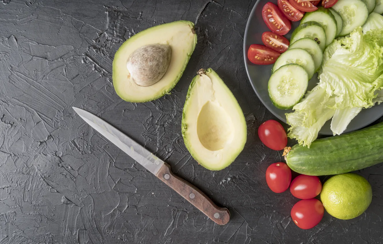 Photo wallpaper table, bone, plate, knife, lime, fruit, grey background, vegetables