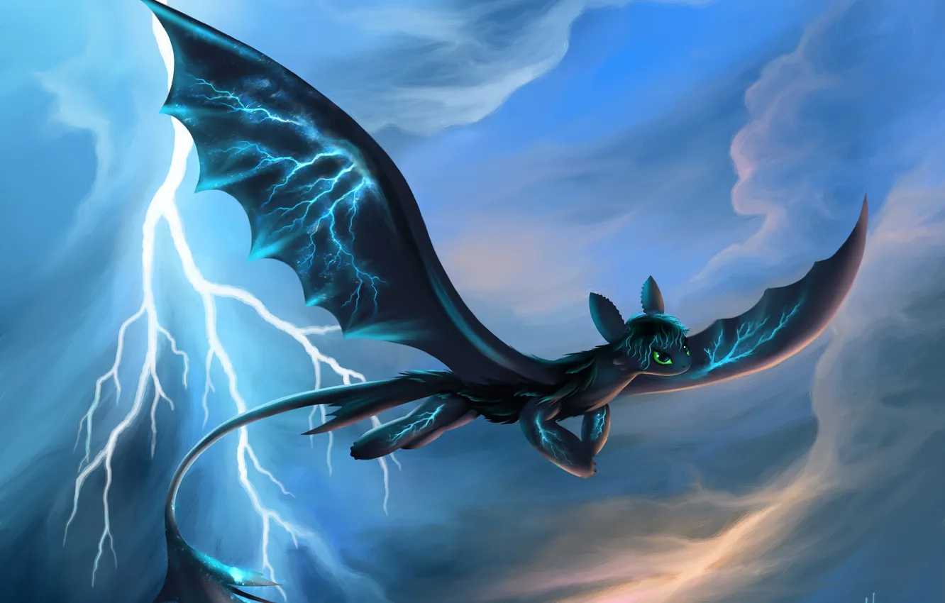 Photo wallpaper lightning, art, flight, Nibbler, dragon, how to train your dragon