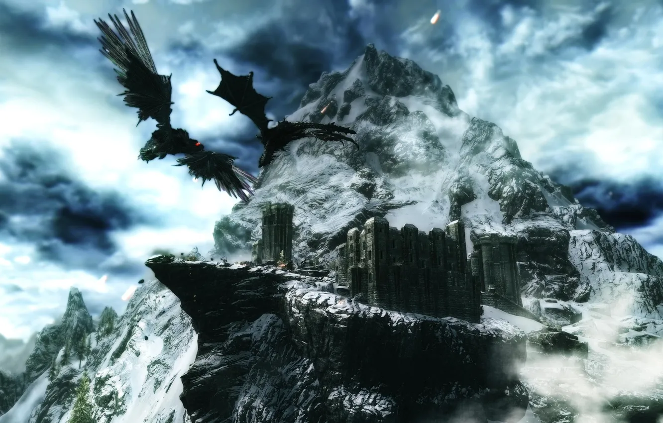 Photo wallpaper mountains, castle, dragon