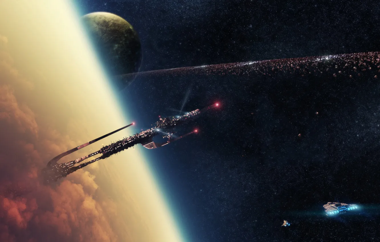 Photo wallpaper space, ship, planet, station, the atmosphere, belt, meteor