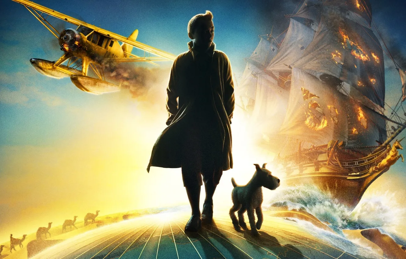 Photo wallpaper ship, dog, the plane, adventure, The Adventures of Tintin, Tintin