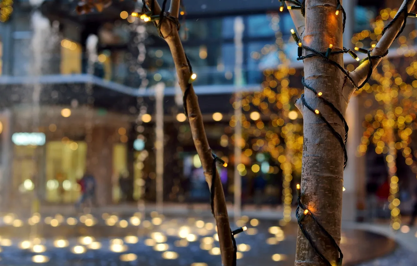 Photo wallpaper winter, trees, the city, lights, holiday, building, the evening, Utah