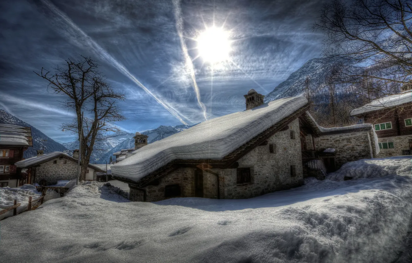 Photo wallpaper winter, mountains, house, morning, town
