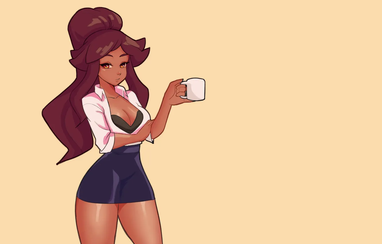 Photo wallpaper cleavage, long hair, coffee cup, brunette, coffee, black dress, thighs, bangs