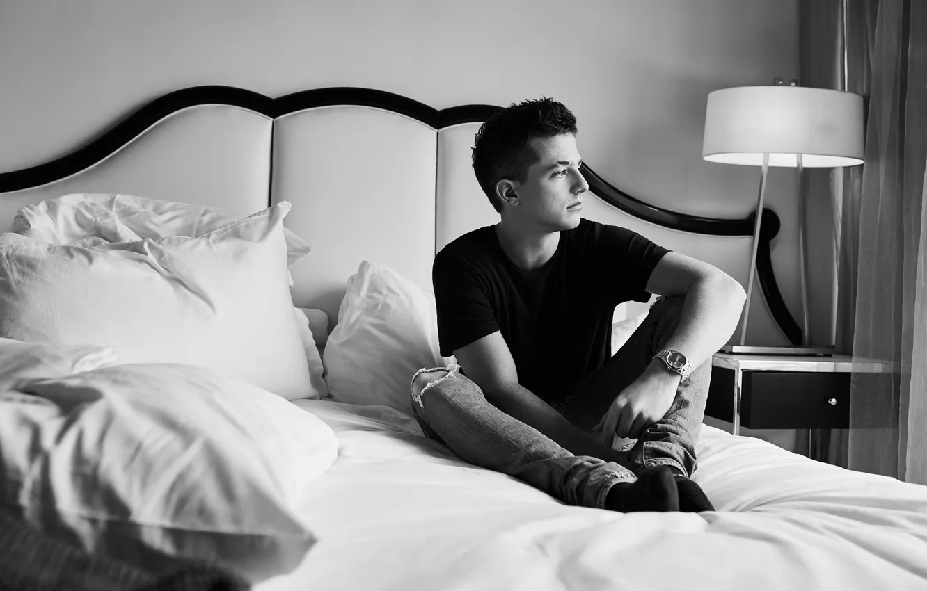 Photo wallpaper bed, black and white, guy, Charlie Puth