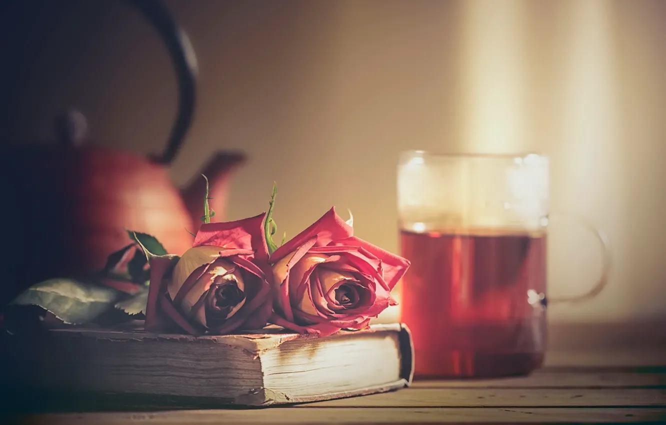 Photo wallpaper tea, rose, book