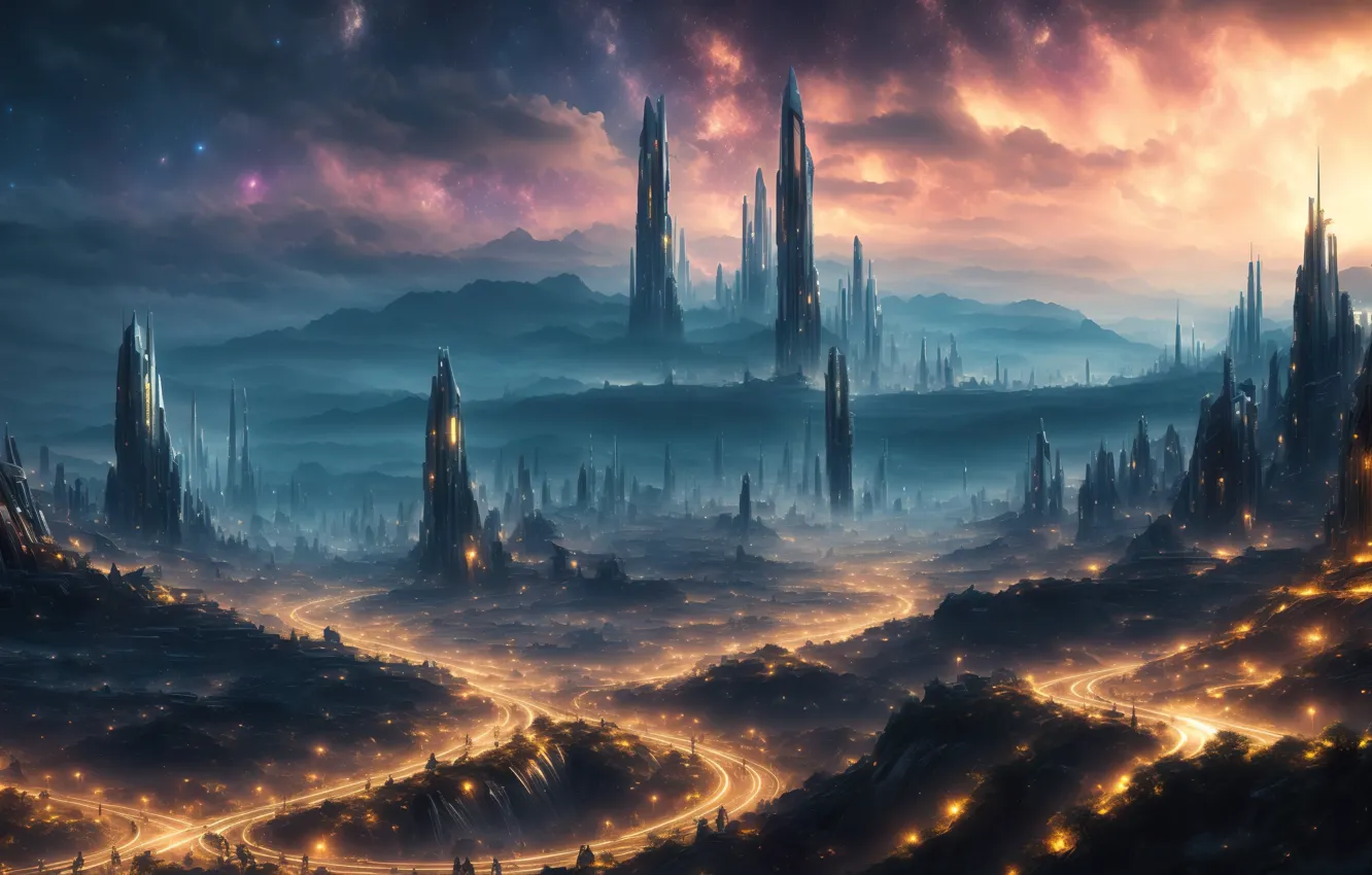 Photo wallpaper city, twilight, landscape, art, fantastic, dusk, Future, digital art