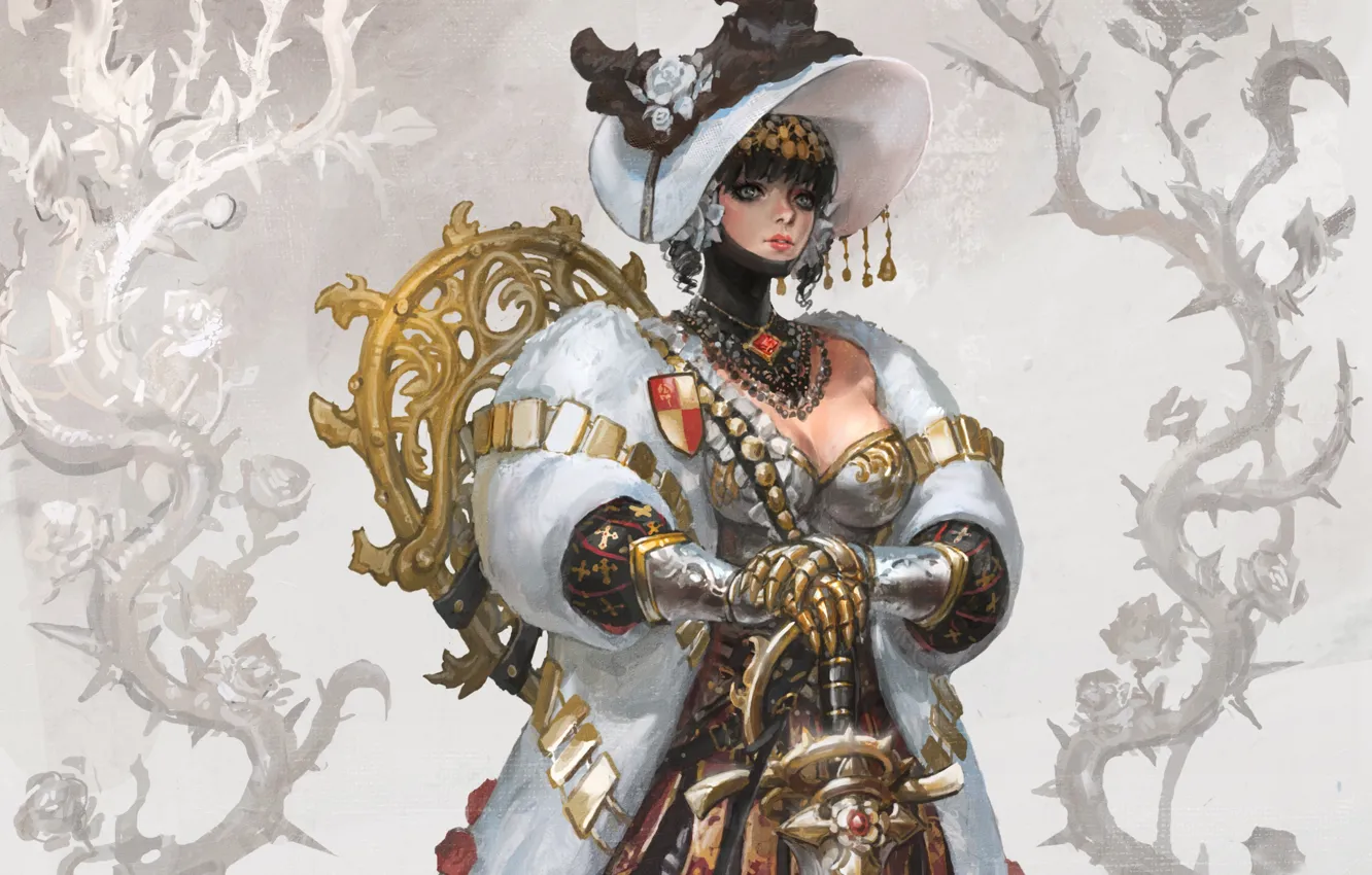 Photo wallpaper girl, sword, hat, armor, costume, coat, knight, Flower knight