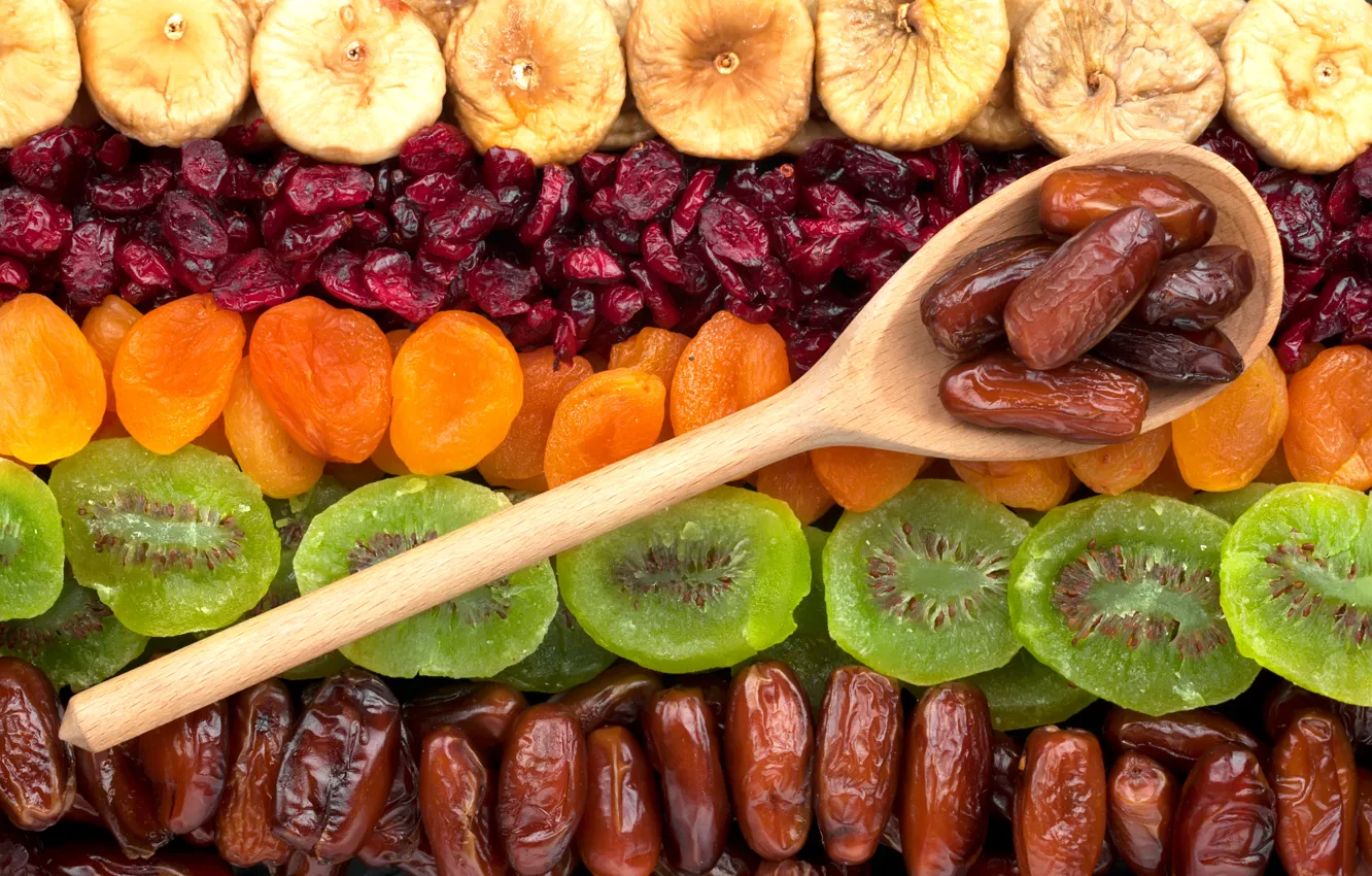 Photo wallpaper kiwi, fruit, figs, dried apricots, dried fruits, dates