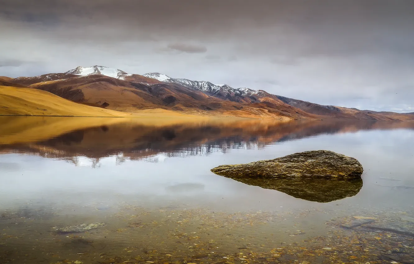 Photo wallpaper the sky, clouds, mountains, clouds, reflection, hills