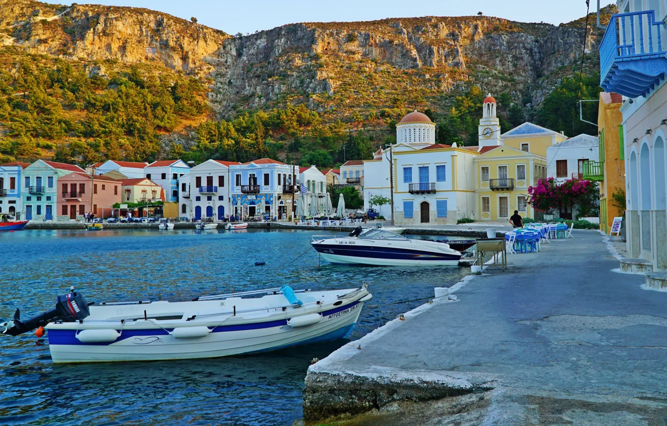Photo wallpaper the sun, rocks, shore, home, boats, Greece, Aegean Sea, Kastelorizo
