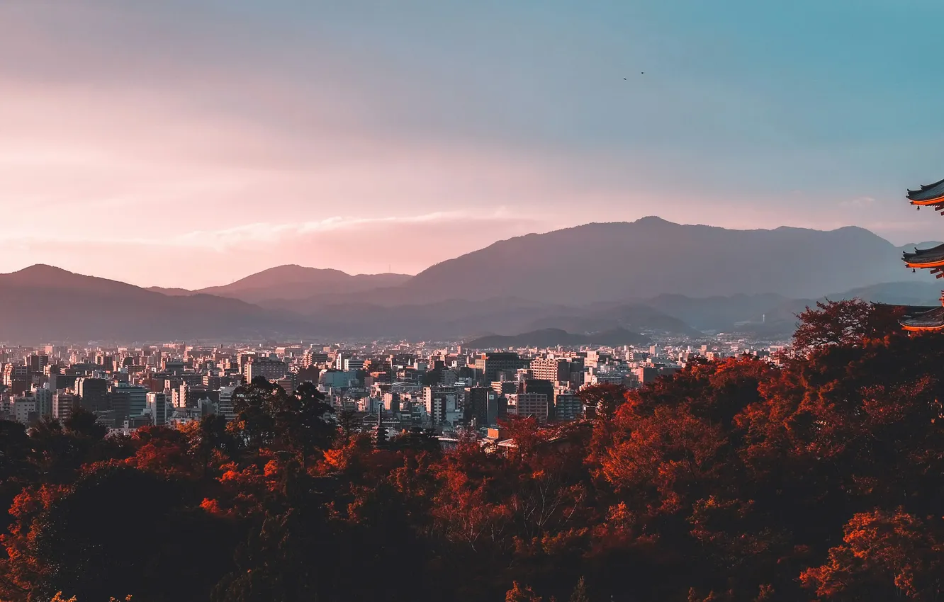 Photo wallpaper mountains, the city, Japan, temple, Kyoto, Kyoto Temple Sunset