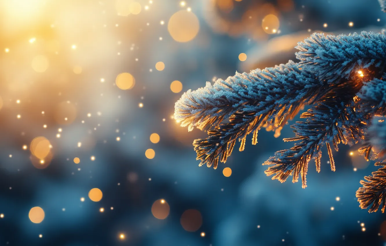 Photo wallpaper winter, light, snow, branches, nature, lights, glare, spruce