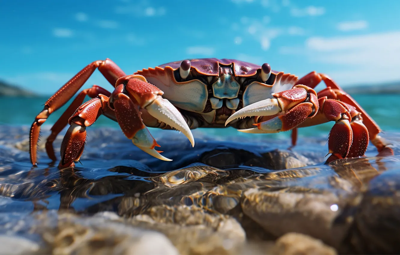 Photo wallpaper look, crab, nature, AI art, shore, pebbles, sea, bokeh