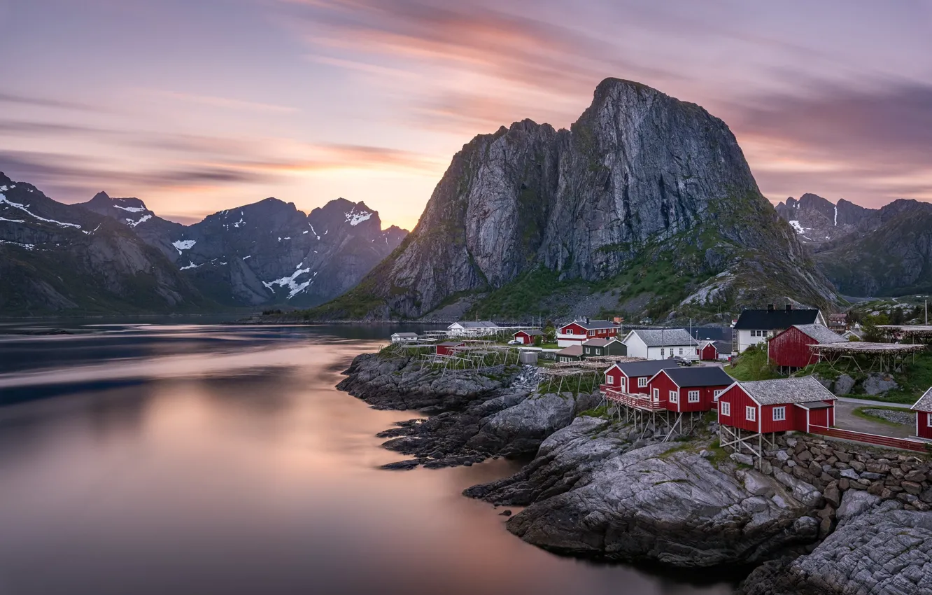 Photo wallpaper clouds, mountains, stones, rocks, dawn, shore, morning, Norway