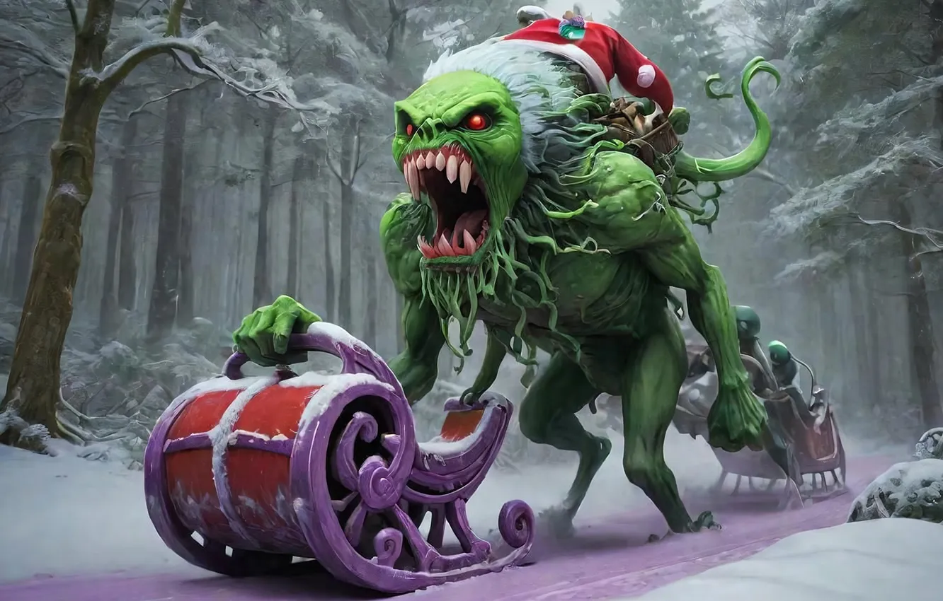 Photo wallpaper snow, monster, Christmas, sleigh