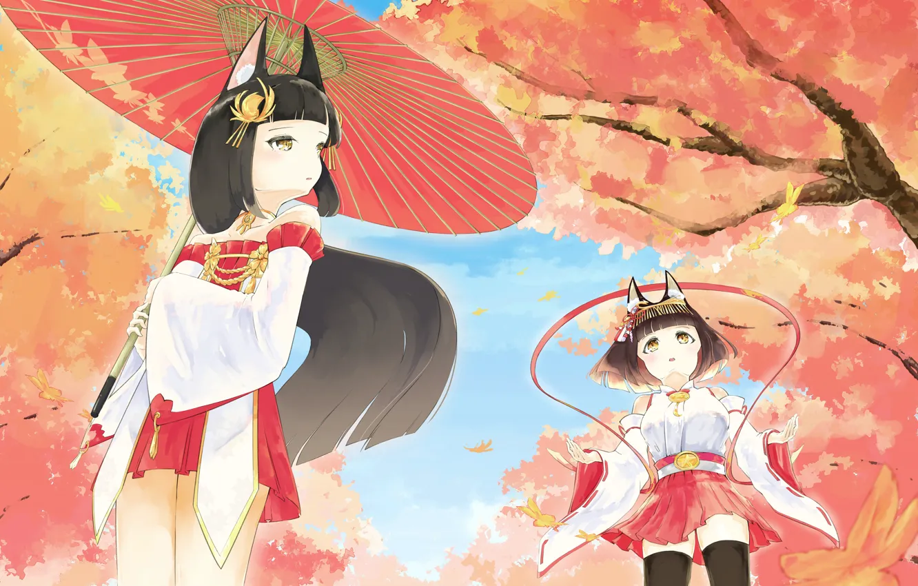 Photo wallpaper autumn, trees, girl, ears, Nagato, mutsu, Azur Lane