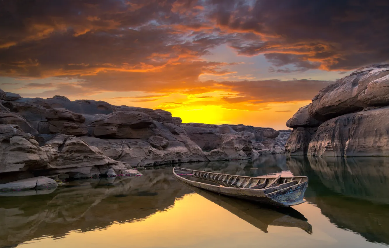 Photo wallpaper sunset, river, stones, rocks, boat, Thailand, river, nature