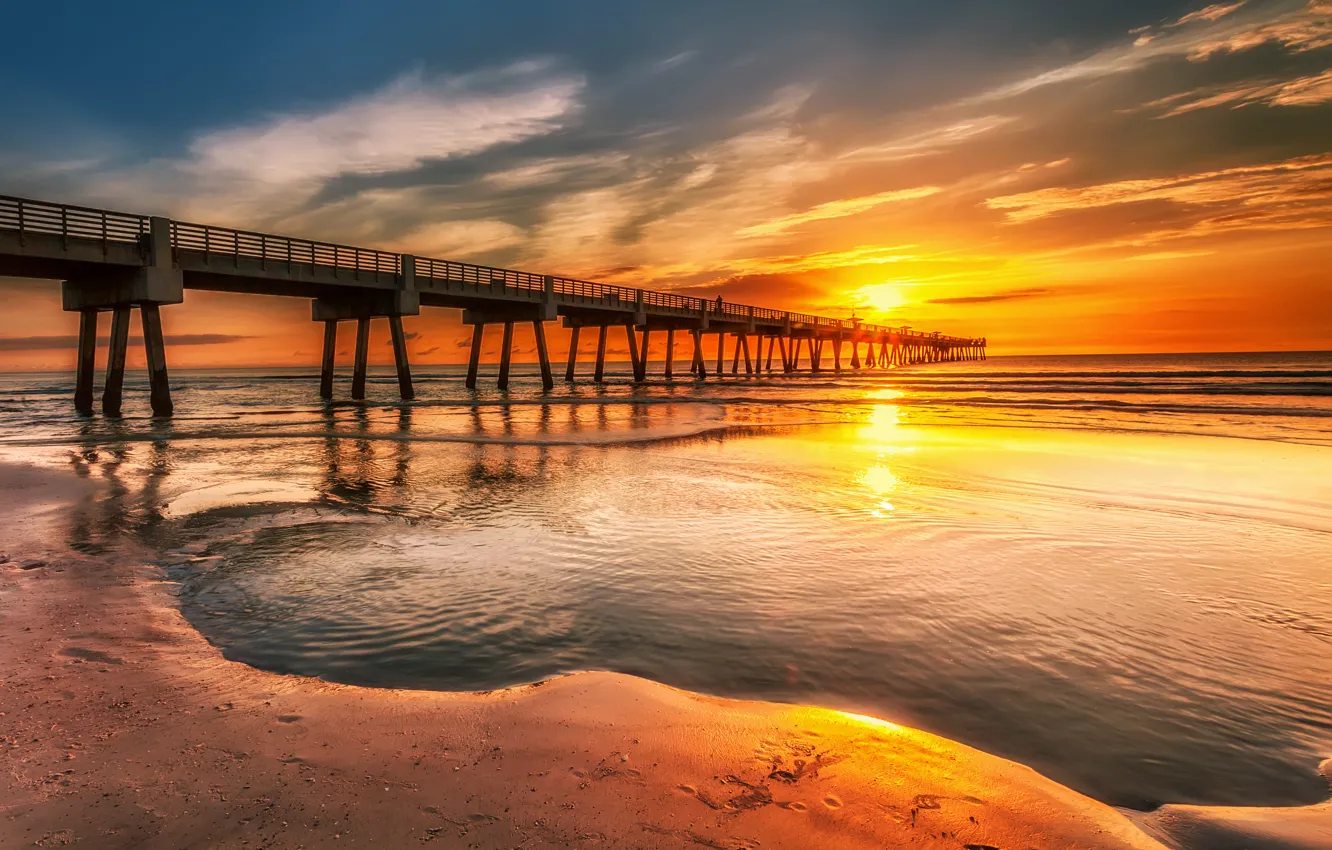 Photo wallpaper sand, sea, the sky, clouds, sunset, traces, shore, people