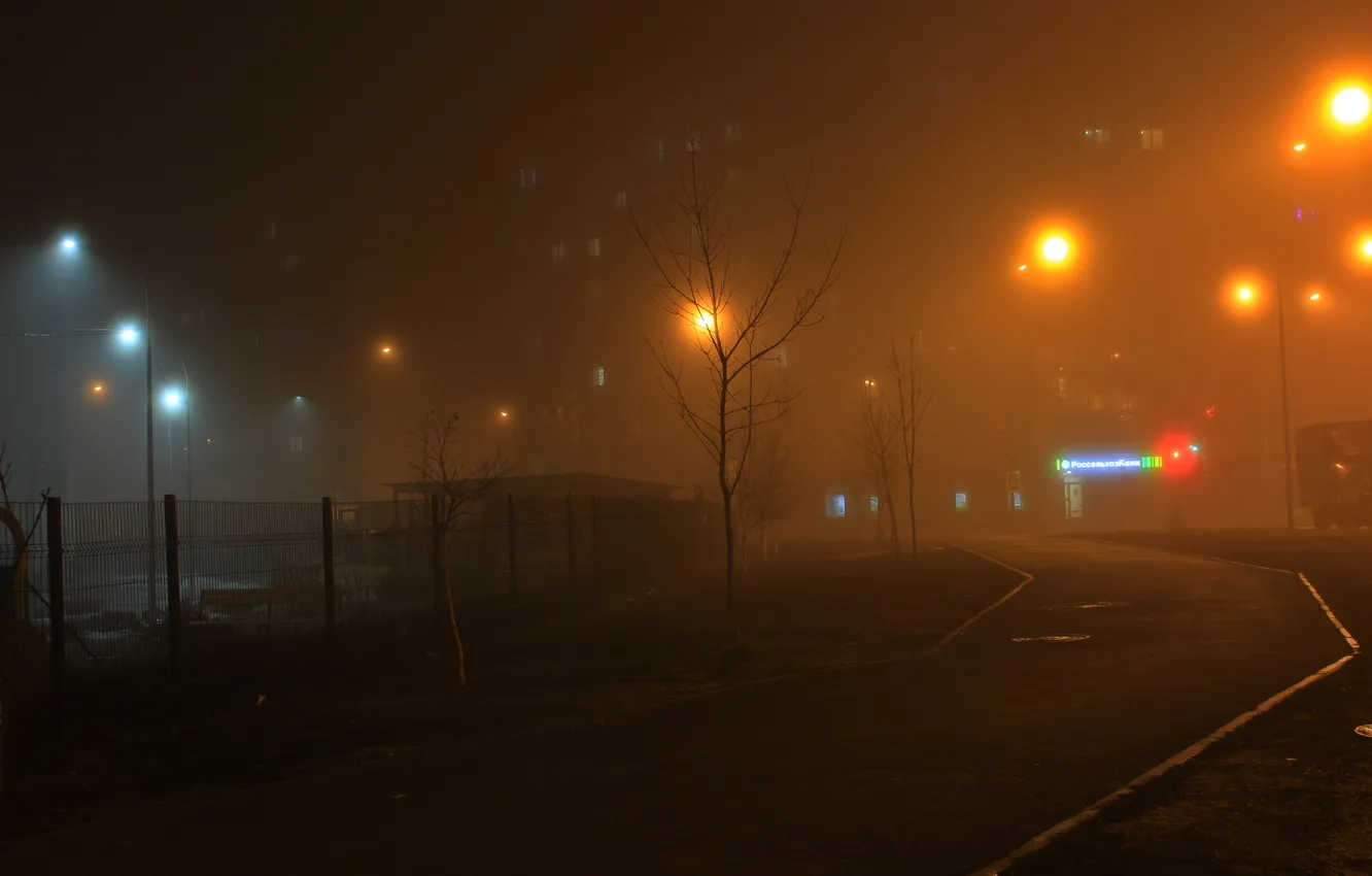 Photo wallpaper night, fog, building, home, spring, lights, Russia, Stan
